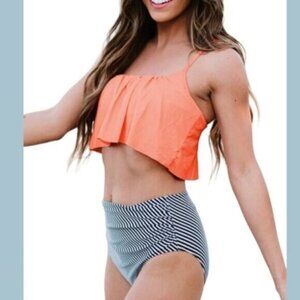 Dloreuk Ruffle Top Ruched High Waist Bottom Bikini Swimsuit Coral XXL